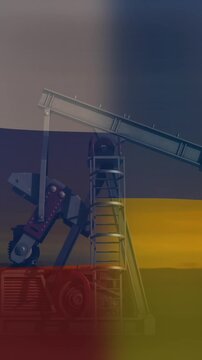 Animation of flags of ukraine and russia over working oil pump