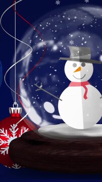 Animation of baubles, snow globe with snowman and snow falling on dark blue background