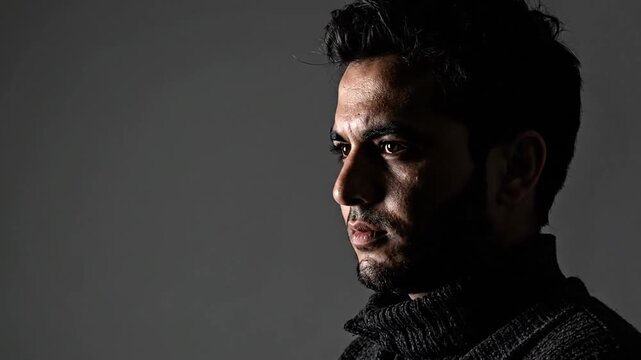 Profile portrait of a young man with a beard looking upwards in dramatic moody studio lighting