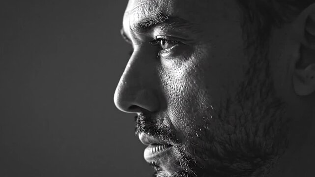 Side Profile Portrait of a Pensive Man with Stubble in Black and White