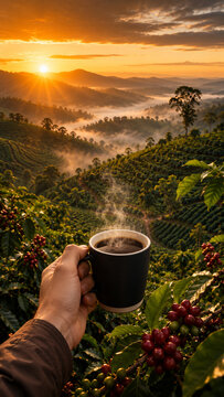 International Coffee Day Celebration On Coffee Plantation Sunset Background