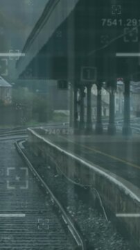 Animation of financial data processing over train platform