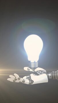 Animation of illuminated light bulb over hand of extended robot arm on dark background