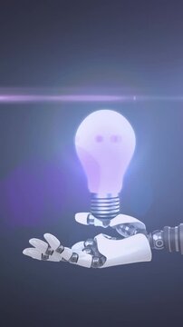 Animation of illuminated light bulb over hand of robot arm, with moving light on dark background
