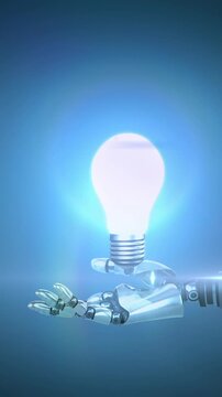 Animation of illuminated light bulb over hand of robot arm, with moving light on blue background