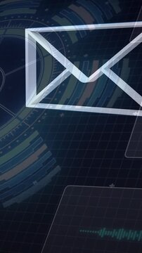 Digital animation of multiple message icons floating against round scanner on blue background