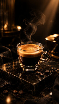International Coffee Day Hot Espresso Glass Cup On Marble Table