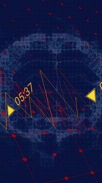 Animation of financial data processing over digital brain on black background