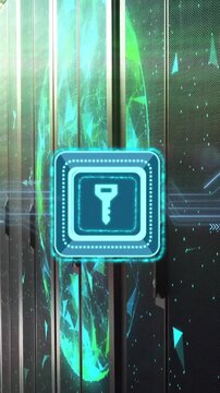 Animation of digital data processing with key icon over computer servers