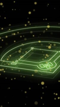 Baseball field animation with glowing green lines and floating particles