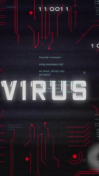 Animation of binary codes over virus text in circuit board pattern against computer language