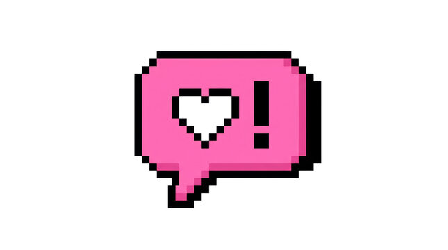 Pixel art speech bubble pink message with heart icon on png background graphic