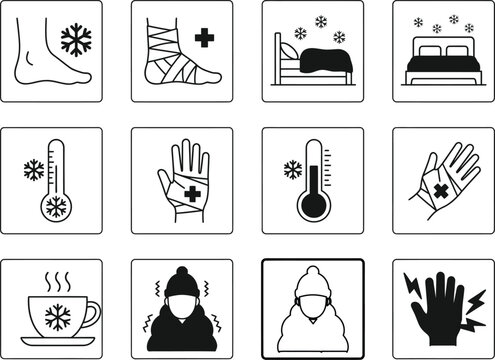 A collection of medical and health icons illustrating symptoms of cold weather illness including fever chills shivering and frostbite for clinical diagnostic use
