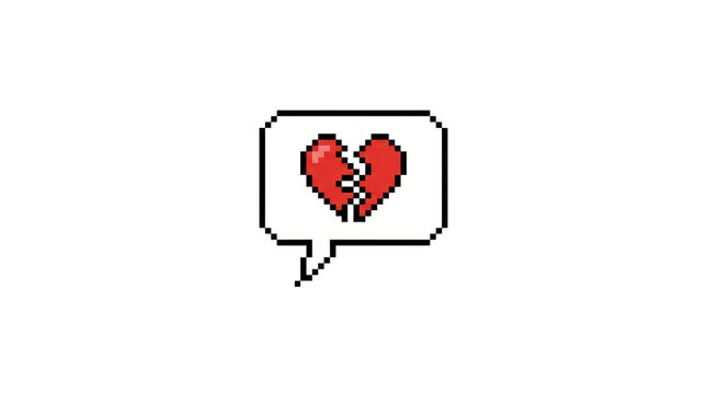 Small pixel art broken heart inside speech bubble on png background digital design