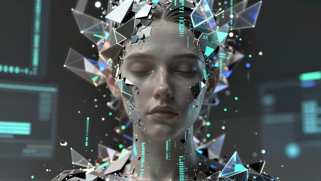 A serene woman with digital fragments and glowing code around her head.