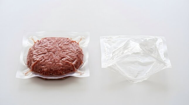 Sealed vacuum packed meat sample beside empty package, cultivated meat product packaging concept