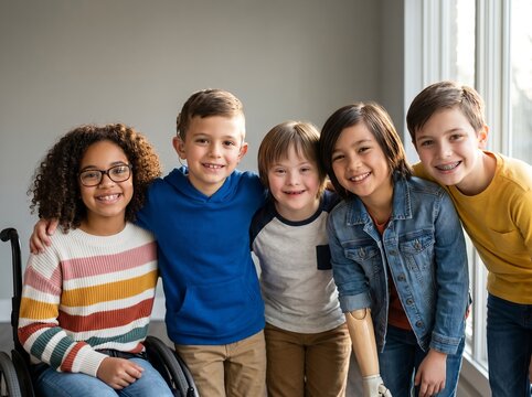 Diverse group of children with disabilities. Inclusive group of happy kids smiling. Special needs children smiling together. Diverse friends with disabilities indoors