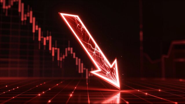 Neon red arrow points down amid stock chart, signaling market decline.
