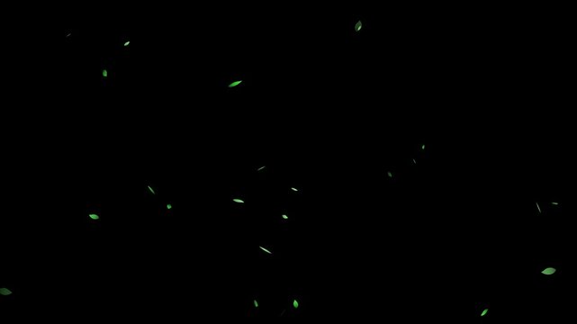 Animated background animation of fresh green leaves dancing in the air on transparent background.
