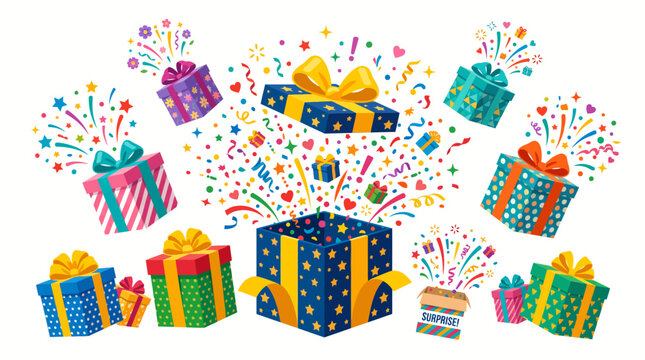 Vibrant surprise gift boxes bursting open with colorful confetti and streamers in a festive flat vector illustration style