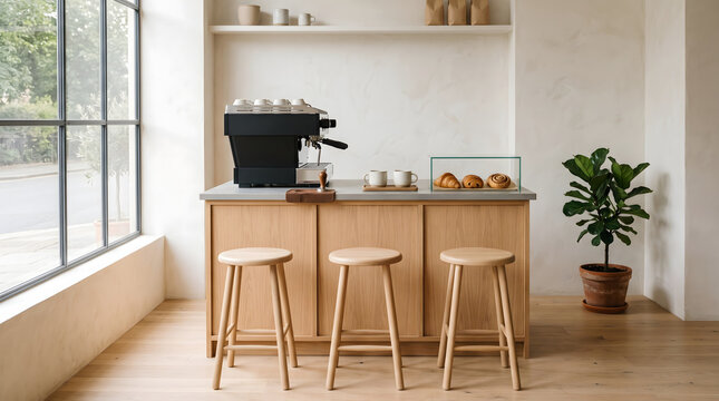 Bright minimalist cafe interior featuring a light oak wood counter with professional espresso machine and wooden bar stools.