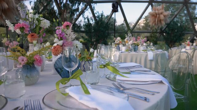 Stylish outdoor wedding reception setup with beautiful floral centerpieces, glassware, and greenery inside a sunlit dome. Delicate table settings highlight a festive, romantic mood.