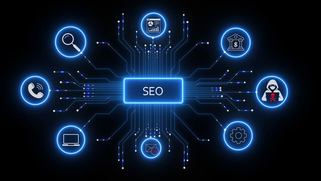 Seo concept displayed with glowing blue circuitry network and various marketing on a dark background, representing search engine, optimization strategies and, digital visibility growth tactics