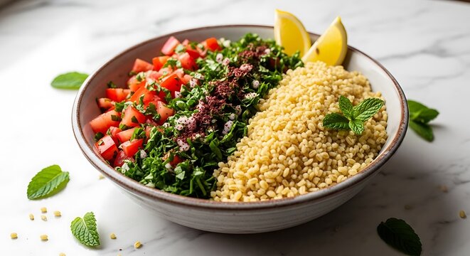 Fresh tabbouleh salad with bulgur wheat chopped parsley tomatoes and lemon