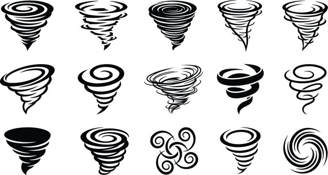 Tornado and hurricane silhouette vector collection featuring swirling black twister icons for weather forecasting or natural disaster graphic designs