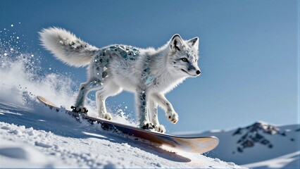 Fototapeta premium A snowy fox snowboards down a mountain with crystal-like fur and sparkling tail.