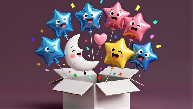 Happy cartoon moons and stars burst joyfully from a gift box with confetti.