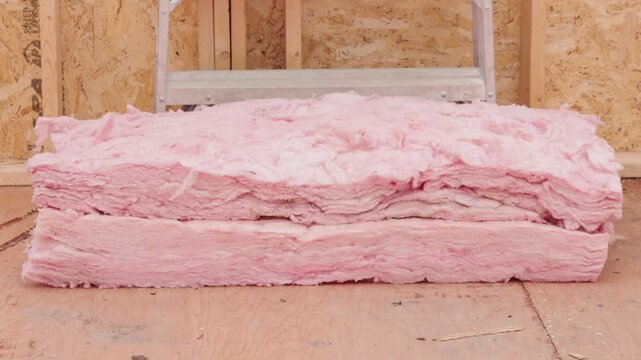 Panning up shot of a pink foam insulation block resting on a raw wood floor inside a partially constructed house