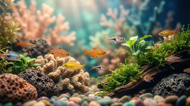 A vibrant underwater world featuring a small aquarium with many fish among aquatic plants.