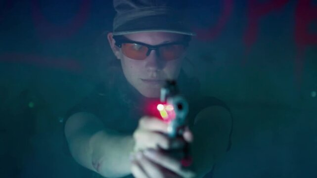 Young Woman with Laser Sight Pistol Practicing at Target in Dark Alley