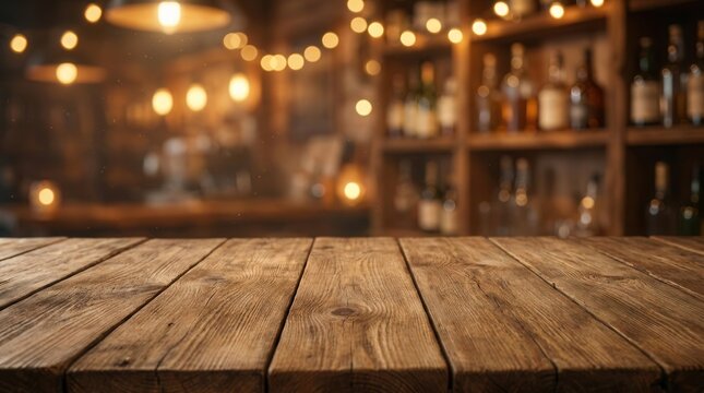 Empty wooden table board foreground in a rustic countryside bar setting for product mock-up