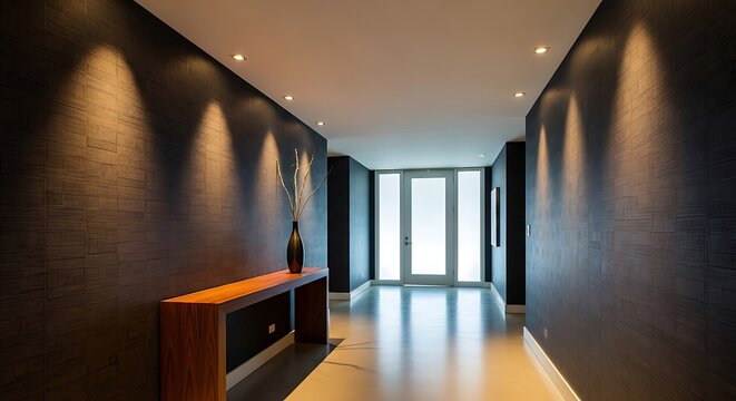 Modern luxury home hallway with textured black walls and minimalist console