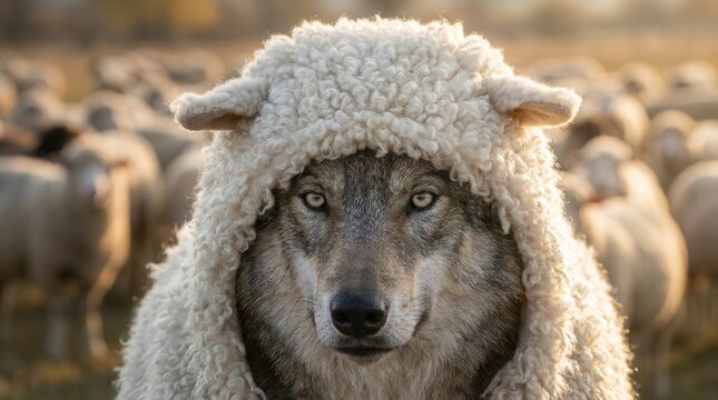 Metaphorical image of a wolf in sheep's clothing surrounded by a crowd of sheep.