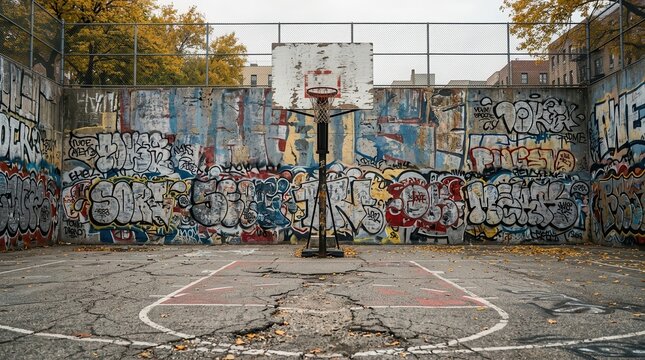 An abandoned urban basketball court featuring cracked pavement and colorful street art.