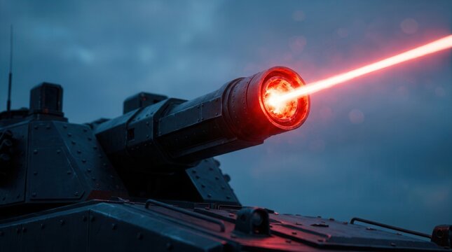 A detailed close up view of a high-tech laser weapon firing from an armored vehicle.
