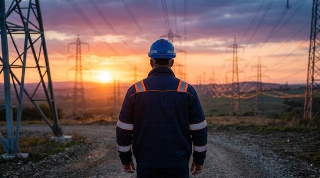 Infrastructure worker looking at high-voltage power lines and electric network.