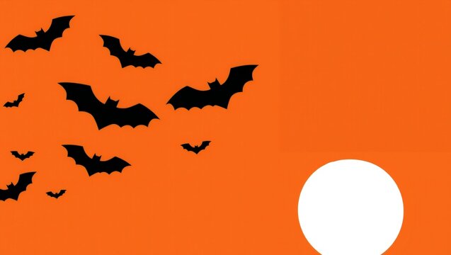 Group of black bats flying in the dark orange sky with a bright full moon for halloween night