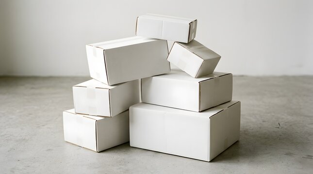 Asymmetric stack of blank white cardboard boxes on concrete floor for shipping and logistics mockup.
