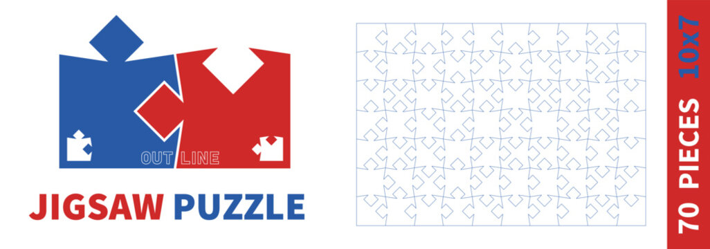 Detailed various shapes puzzle grid overlay. Jigsaw puzzle blank template outline. 10x7 shapes, 70 pieces. Separate matching puzzle elements. Vector illustration