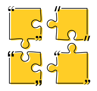 Quote box title pack isolated. Yellow puzzle style speech quotation mark frames. Text talk info message box borders. Dialog mark speech quotes icon. Vector png illustration
