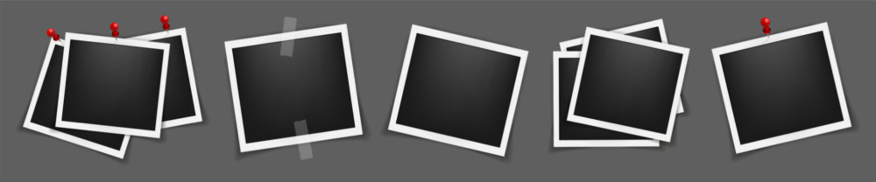 Realistic five empty square photo frame mockup isolated pack. Paper vintage instant photograph snapshot collage. Cardboard album picture tape with shadow. Photo memory placeholder template. Vector 