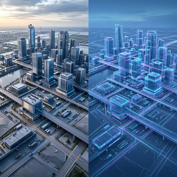 Digital twin city concept showing advanced urban planning, infrastructure simulation and smart city management.