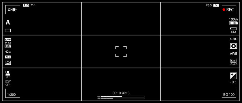 DSLR mirrorless camera rec overlay isolated on black bg. 21:9 recorder cam display. Video or photo recording screen. Viewfinder layout template. Vector illustration