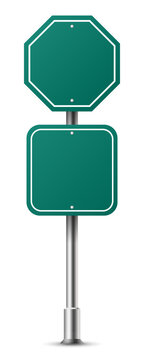 Realistic green octagon and square traffic sign on metal steel pole isolated. Green road panel mockup - direction highway, board traffic, city board location, street roadsign, stop, guide. Vector 