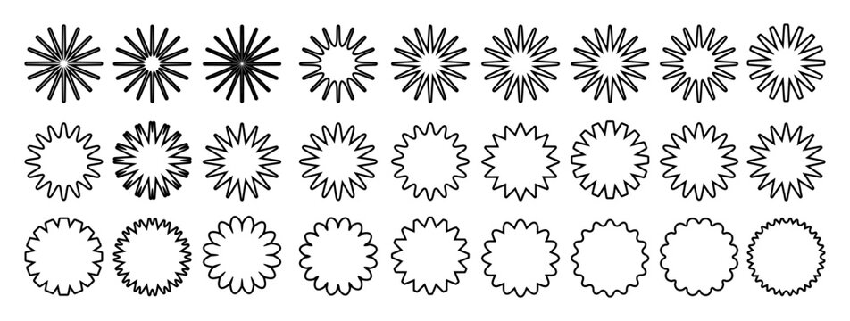 Set of black stars icons. Star shapes collection. Minimalist simple stars pack. Christmas star objects isolated on transparent background. Vector png