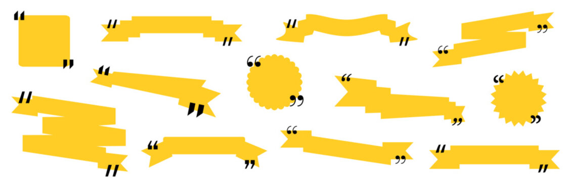 Quote box title pack isolated. Yellow ribbon style speech quotation mark frames. Text talk info message box borders. Dialog mark speech quotes icon. Vector png illustration
